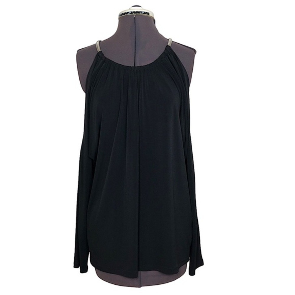 Michael Kors Silver Metal Straps Solid Black Cold Shoulder Top L